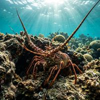 Spiny lobster with long antennae and spiny orange-brown carapace sheltering in a rocky reef crevice.