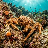 Spiny Spider Crab with a spiky reddish-brown carapace and long legs resting on a rocky seabed covered in kelp.