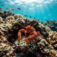 Spiny squat lobster with flattened reddish-brown body and spiny carapace clinging to a rocky reef.