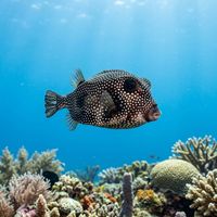 Spotted boxfish male with blue and yellow spotted flanks and a dark body swimming close to a coral reef.
