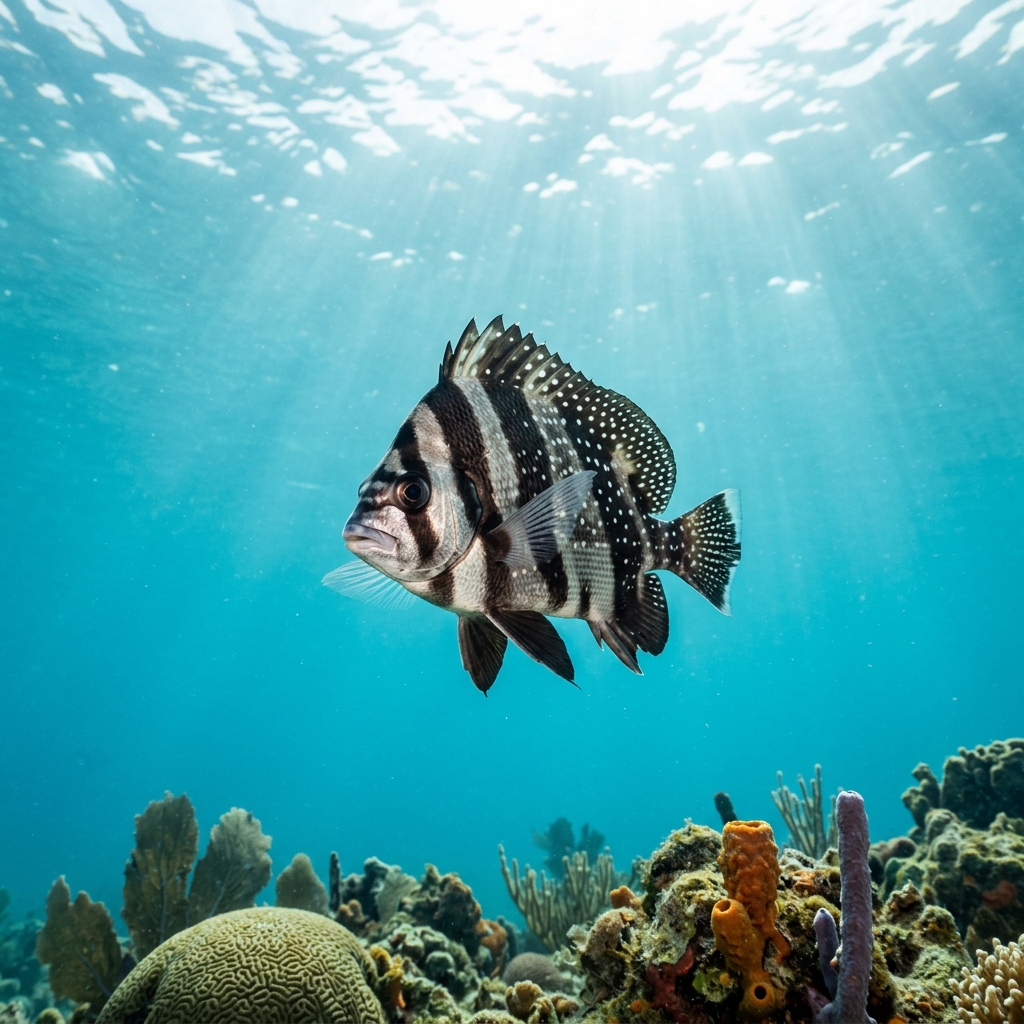 Spotted drum with bold black and white stripes on the head and white body covered in black spots, hovering near a Caribbean coral reef.