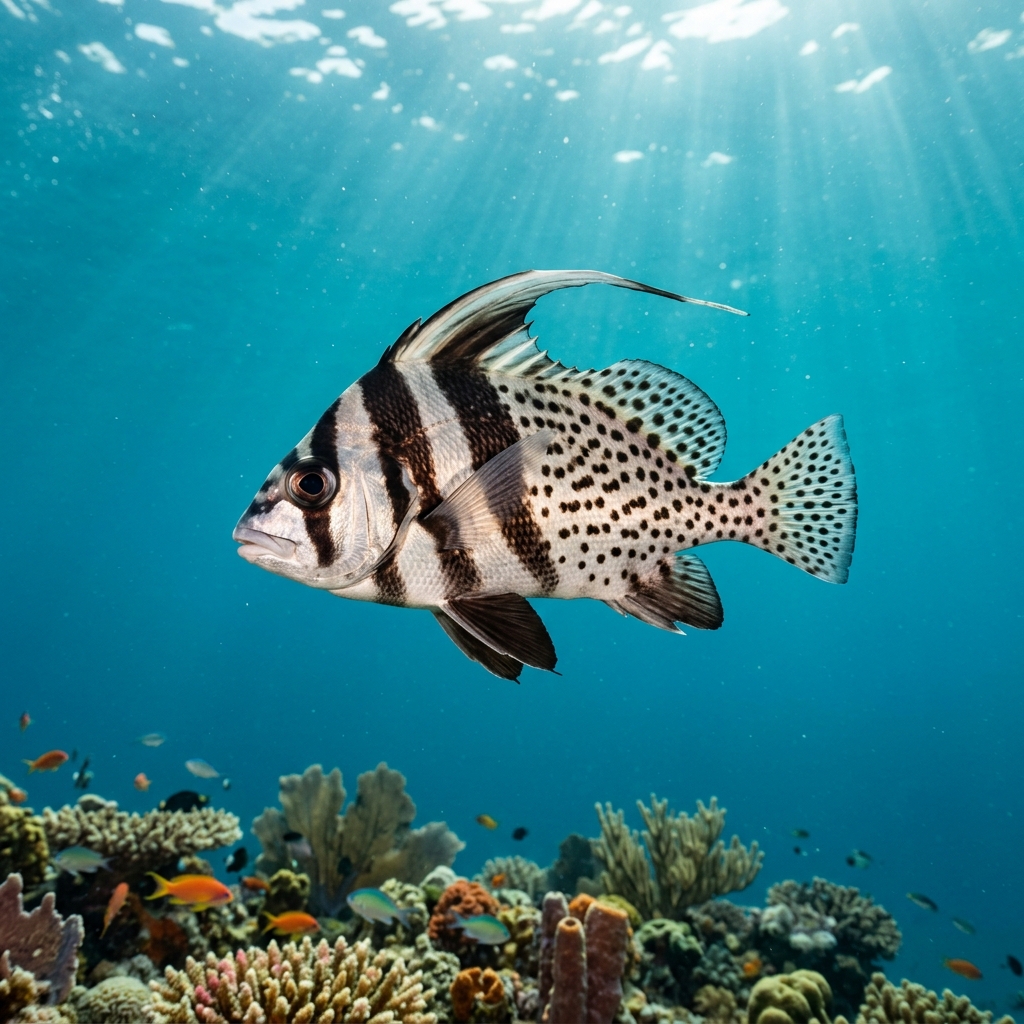 Spotted Drum (Sciaenidae spp.) swimming in its natural underwater habitat