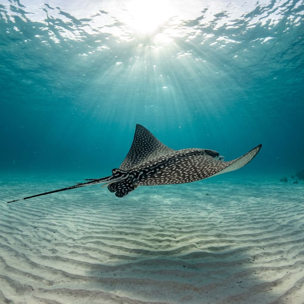 Spotted eagle ray with dark blue-black dorsal surface covered in white spots gliding over a sandy reef floor.
