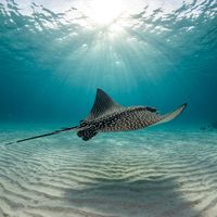 Spotted eagle ray with dark blue-black dorsal surface covered in white spots gliding over a sandy reef floor.