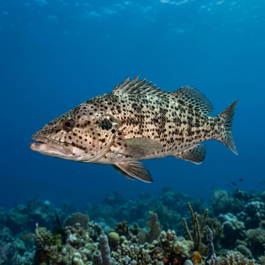 Spotted Sand Bass (Paralabrax maculatofasciatus) swimming in its natural underwater habitat