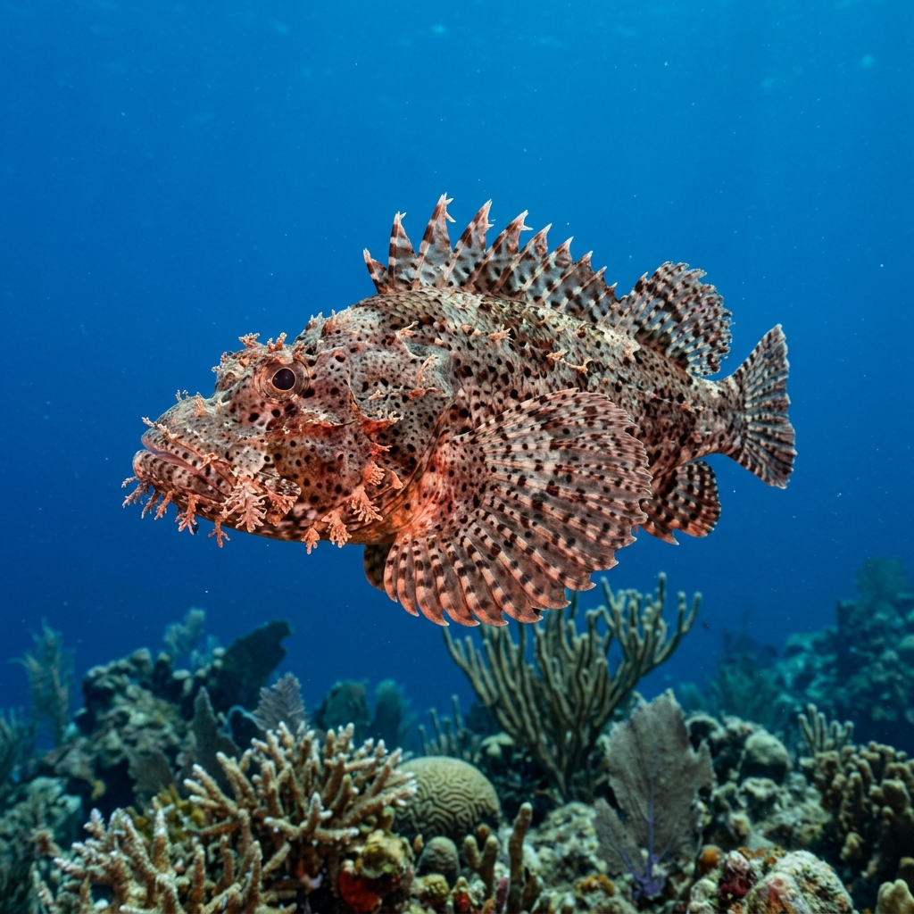 Spotted Scorpionfish (Scorpaena plumieri) swimming in its natural underwater habitat