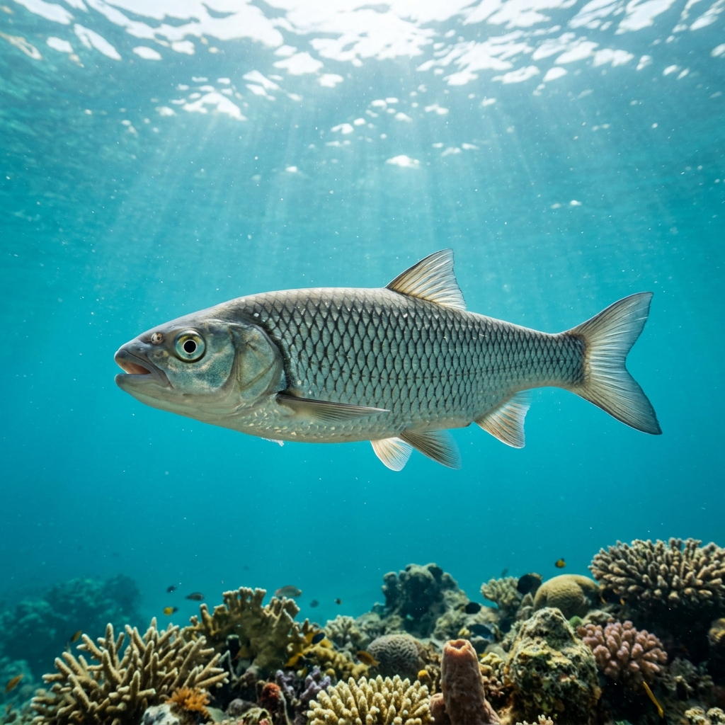 Chub, a silver-flanked freshwater fish with a broad head and large scales, swimming near a rocky riverbed.