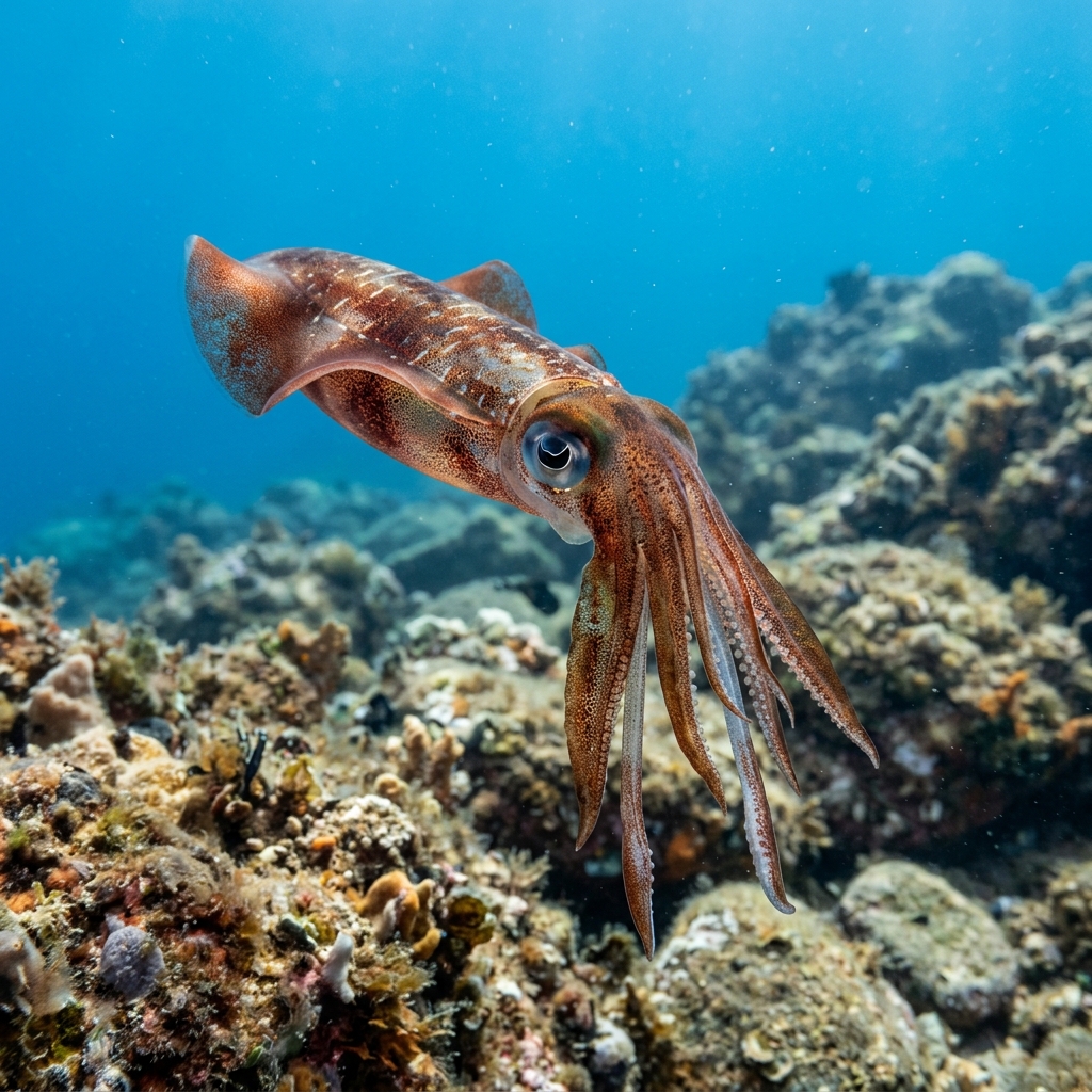 Squid (Teuthida spp.) in its underwater habitat