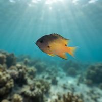 Adult dusky farmerfish, a small dark brown damselfish, hovering over algae turf on a shallow reef.