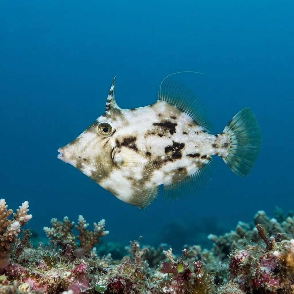 Small oval-bodied planehead filefish with mottled brown skin hovering near a rocky reef.