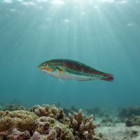 Adult bluelined wrasse with blue horizontal stripes on a green-brown body swimming over a shallow coral reef.