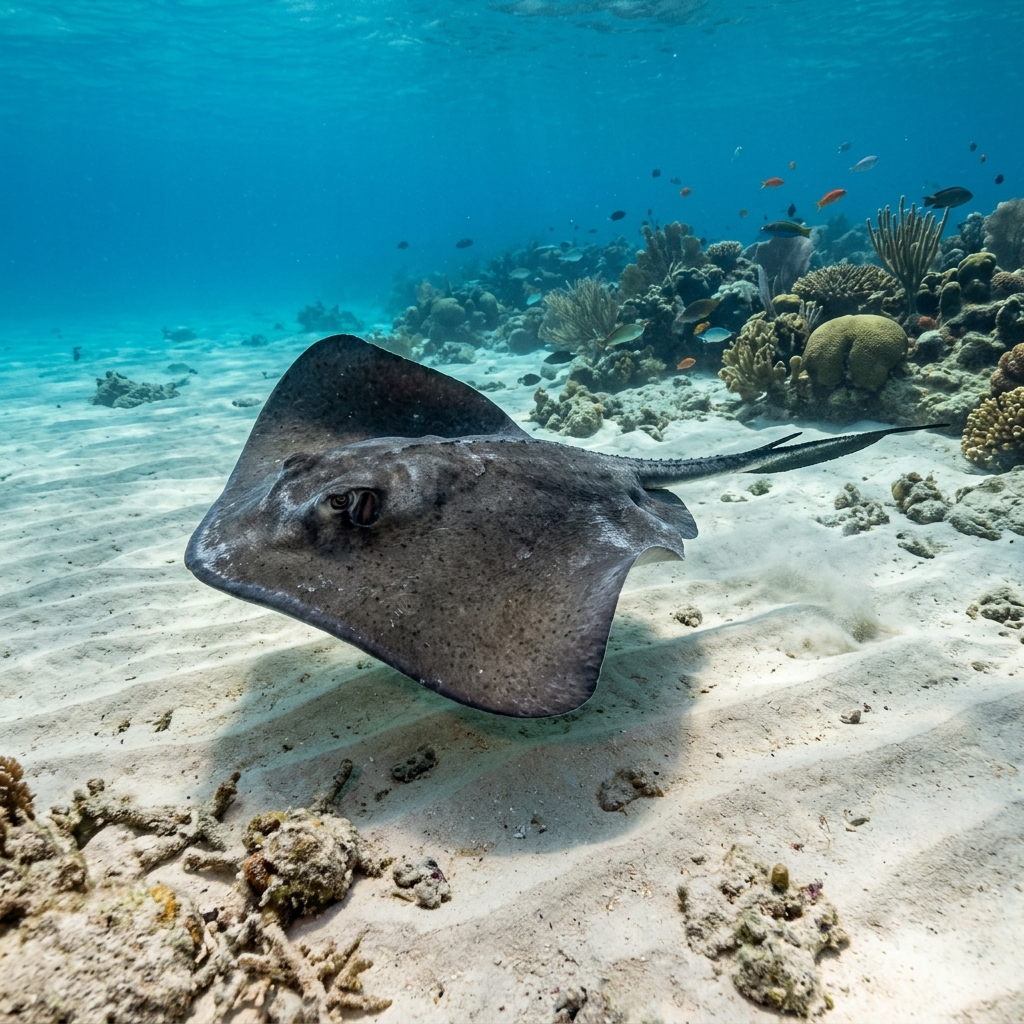 Stingray (Dasyatidae spp.) gliding over the seafloor