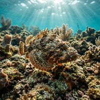 Stonefish camouflaged against a rocky reef substrate, showing warty brown and grey mottled skin with raised dorsal spines.