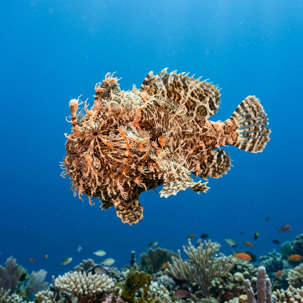 Striate Anglerfish (Antennarius striatus) swimming in its natural underwater habitat