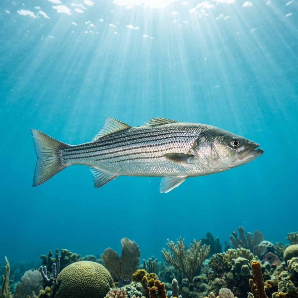 Striped Bass (Moronidae spp.) swimming in its natural underwater habitat