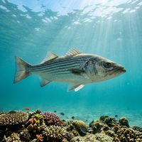 European Seabass with silvery flanks and a streamlined body swimming over a rocky reef in green-blue temperate water.