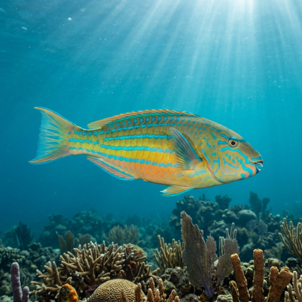Striped Parrotfish (Scarus iseri) swimming in its natural underwater habitat