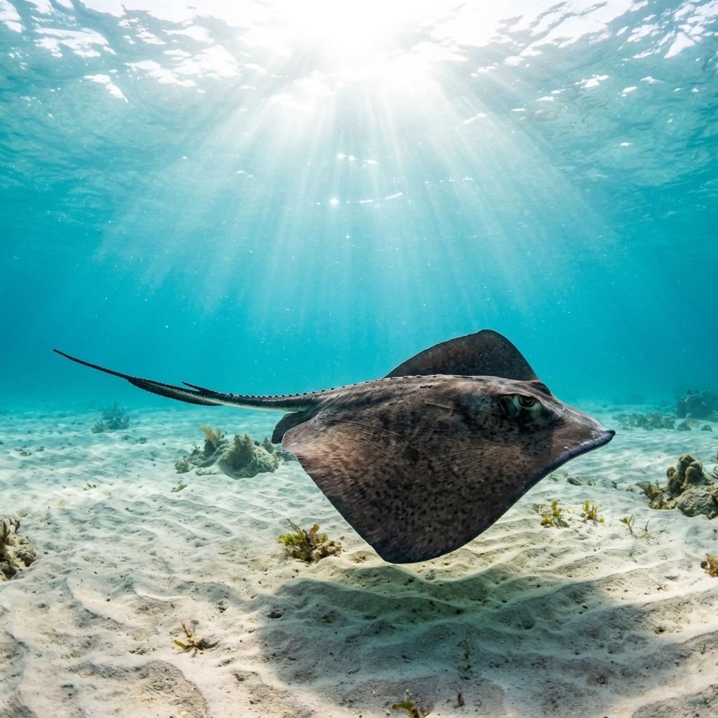 Chupare Stingray with a rounded dark disc and long whip-like tail resting on a sandy Caribbean seafloor.