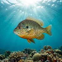 Sun perch with orange-red spots, blue-green iridescent flanks, and a deep rounded body swimming near a freshwater lakebed.