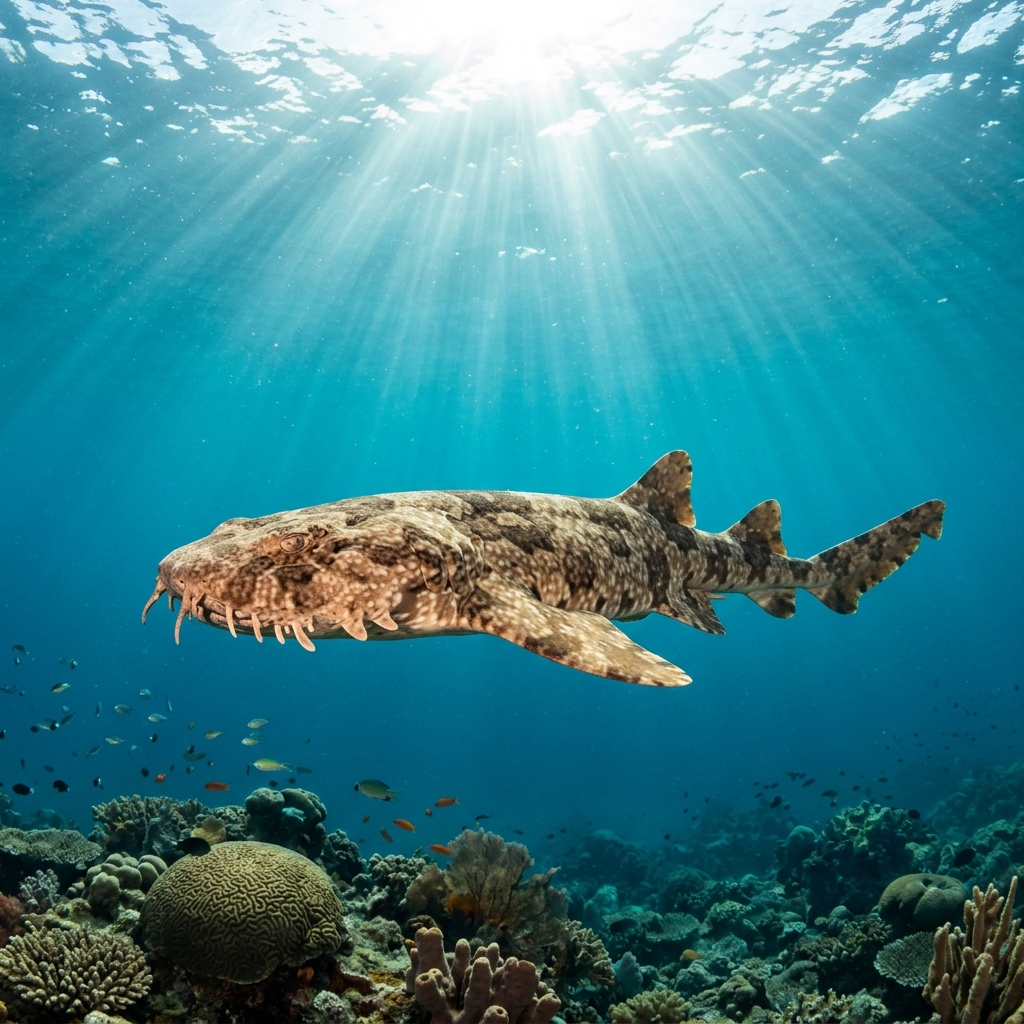 Cobbler Carpet Shark resting on a rocky reef, showing its mottled brown patterning and fleshy dermal lobes along its body.