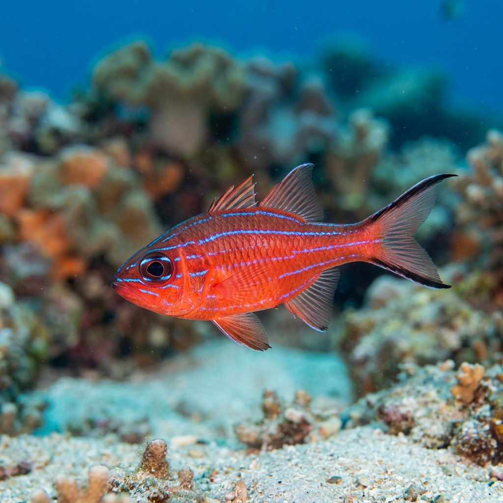 Sydney Cardinalfish, a small reddish-orange fish with a rounded body, resting near a rocky reef crevice.