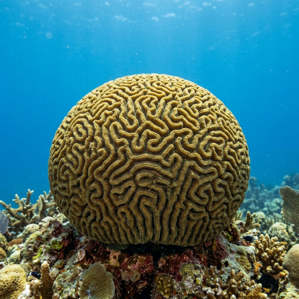 Symmetrical Brain Coral (Pseudodiploria strigosa) growing on a reef