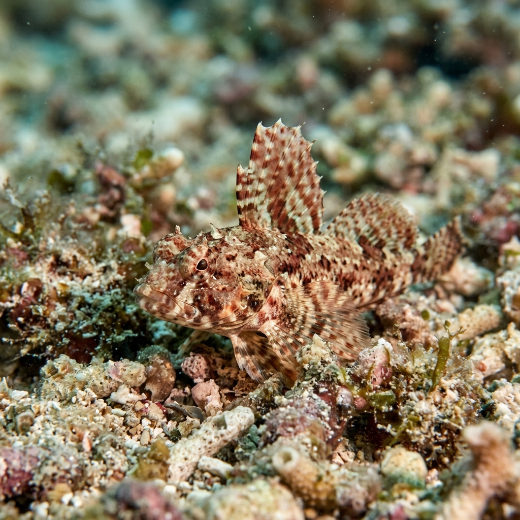 Morrison's Dragonet, a small ornately patterned dragonet with colourful markings, perched on a coral reef.