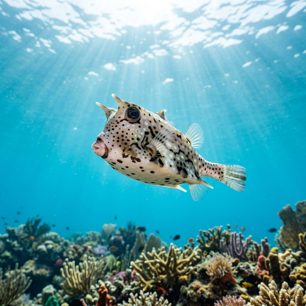Thornback Cowfish with boxy brown-patterned body and prominent horn-like spines above eyes resting near a coral reef.