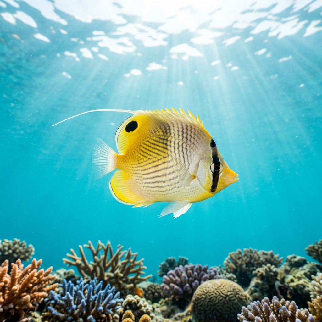 Threadfin Butterflyfish with white body, black eye stripe, chevron pattern and trailing dorsal filament swimming over a coral reef.