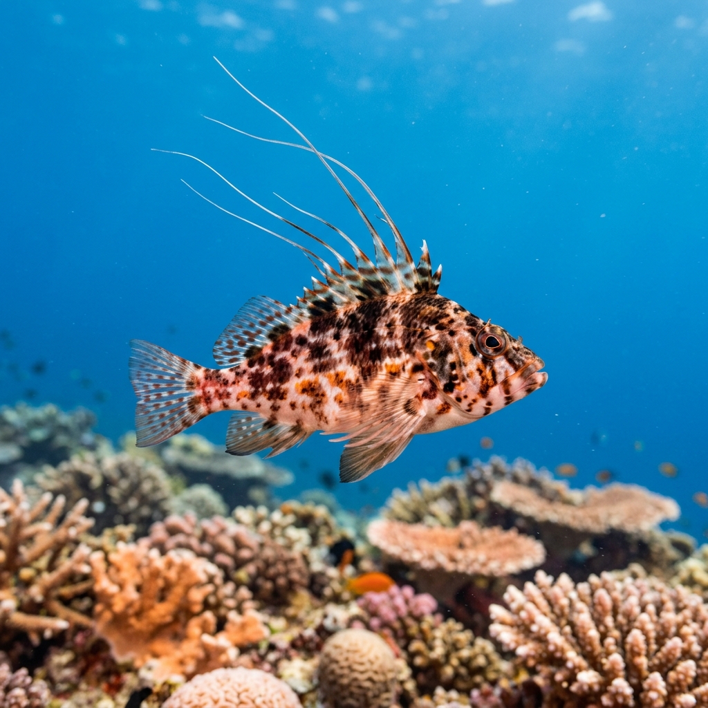 Threadfin Hawkfish (Cirrhitichthys aprinus) swimming in its natural underwater habitat