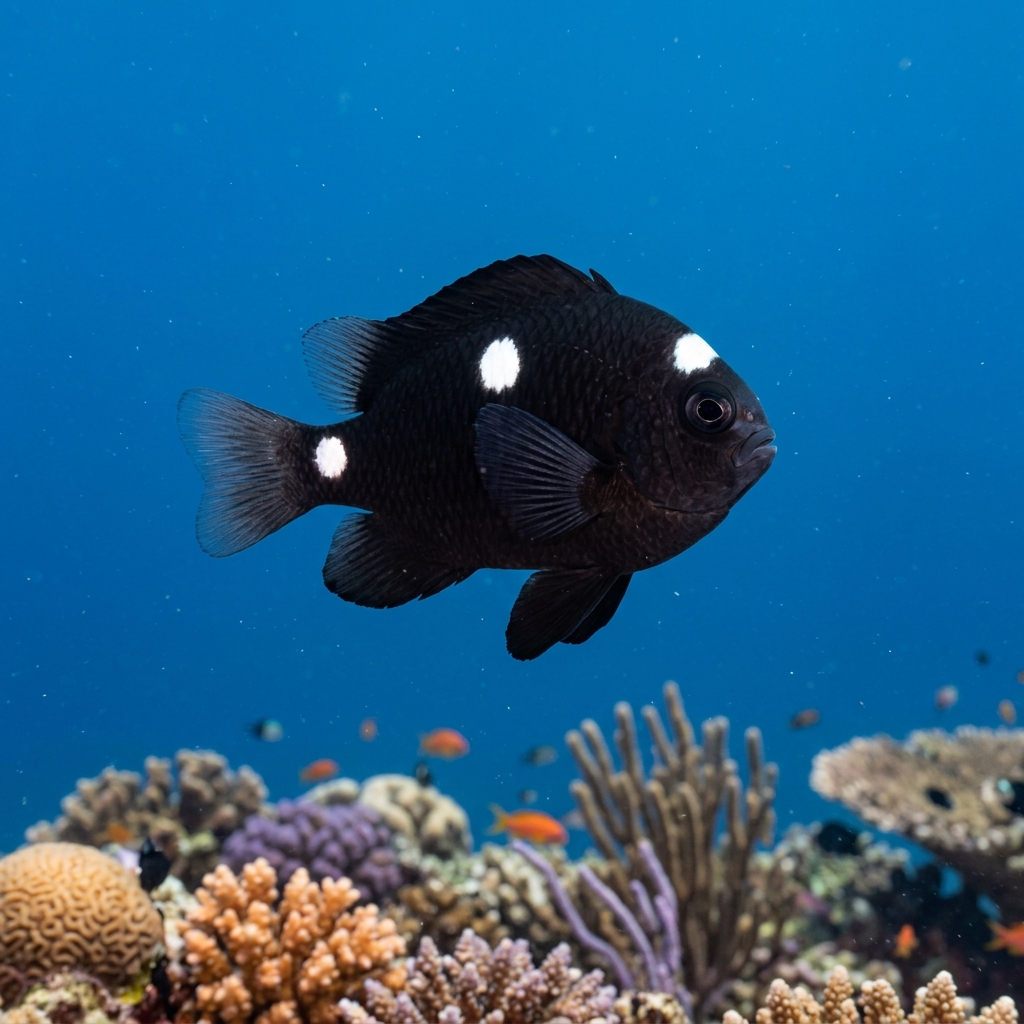 Three-spot Dascyllus (Dascyllus trimaculatus) swimming in its natural underwater habitat
