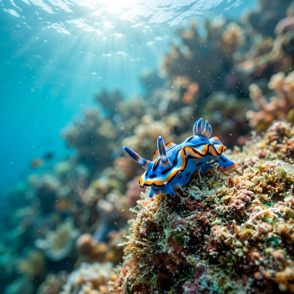 Splendid Elysia sea slug with vivid blue, green and orange-edged parapodia crawling on algae-covered rock.