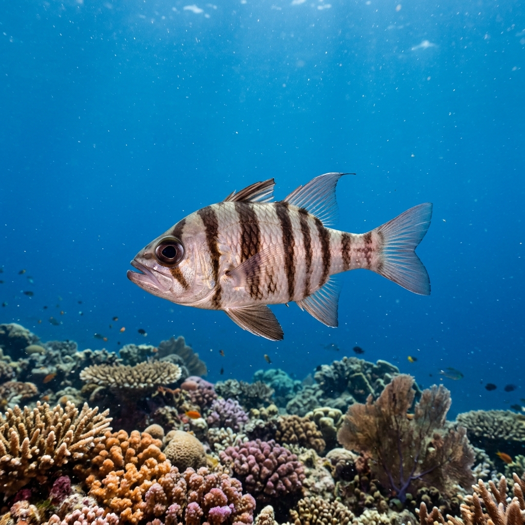 Tiger Cardinalfish (Cheilodipterus macrodon) swimming in its natural underwater habitat
