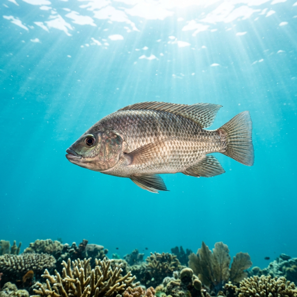 Tilapia (Cichlidae spp.) swimming in its natural underwater habitat