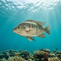 Tilapia with a deep oval body, silvery-grey flanks and faint vertical banding swimming in a freshwater lake.