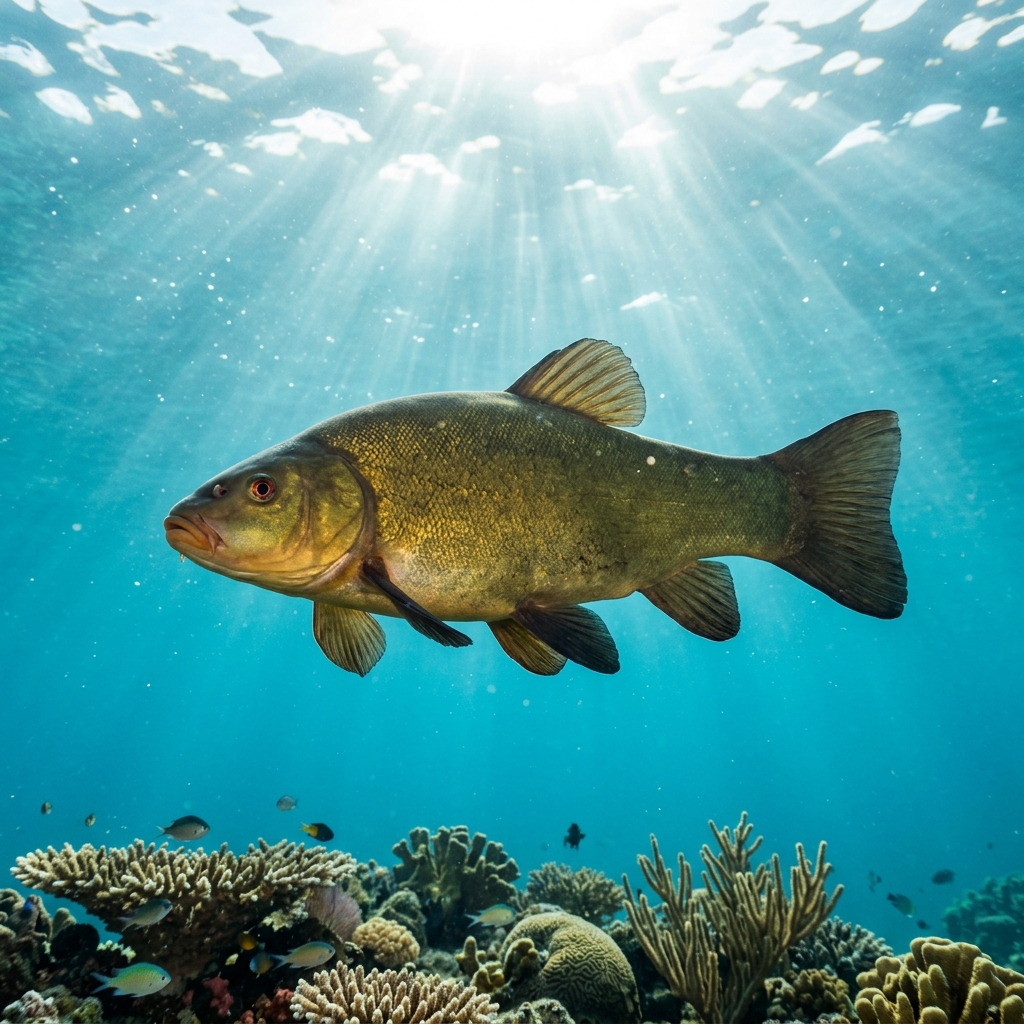Tench with dark olive-green body, rounded fins, and small barbels at mouth corners, swimming near a freshwater lakebed.