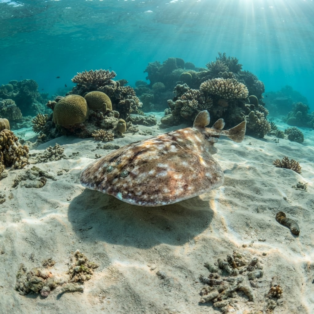 Leopard torpedo ray with dark leopard-like spots resting on sandy seabed near a reef.