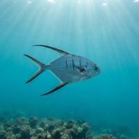 Adult palometa with a silvery body, dark bars, and long trailing dorsal and anal fin filaments over a reef.