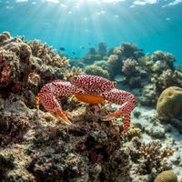 Red-spotted coral crab with pale body and red blotches nestled among coral branches.