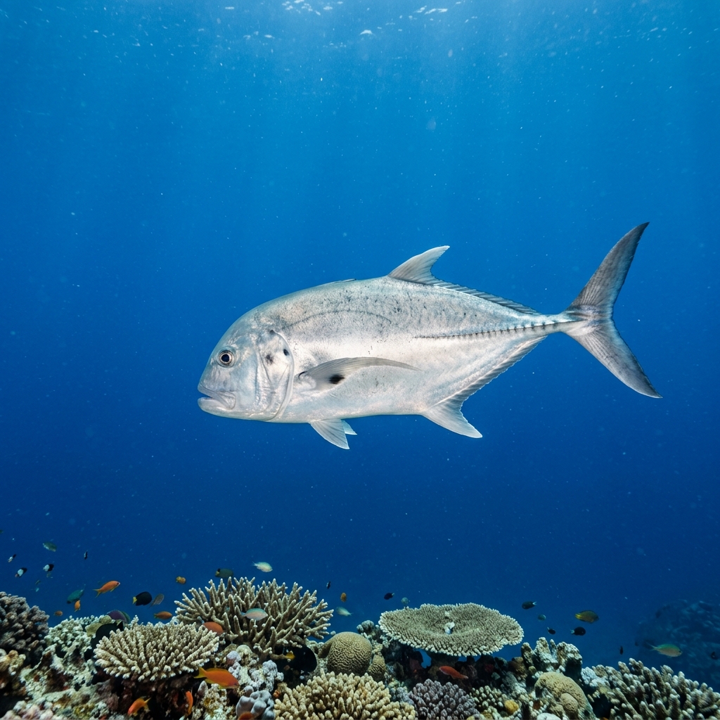 Trevally (Caranx spp.) swimming in its natural underwater habitat