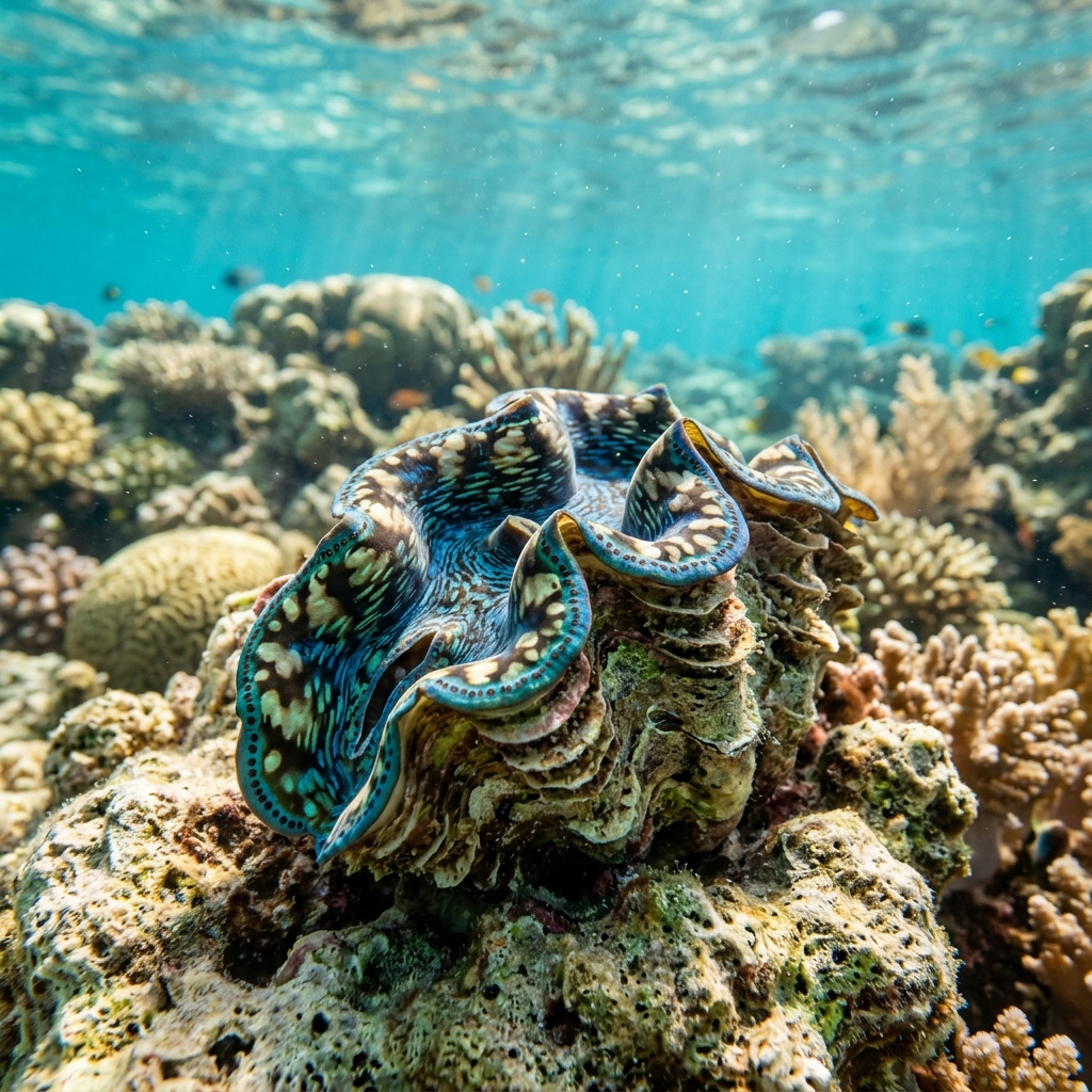 Elongate clam with vivid blue and green patterned mantle edge visible between two elongated ridged shell valves on a shallow coral reef.