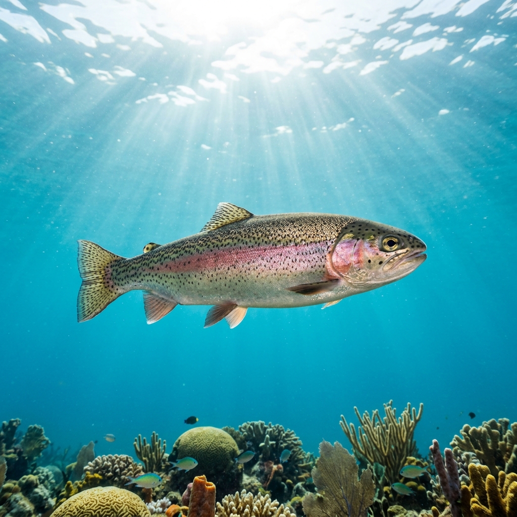 Trout (Salmonidae spp.) swimming in its natural underwater habitat