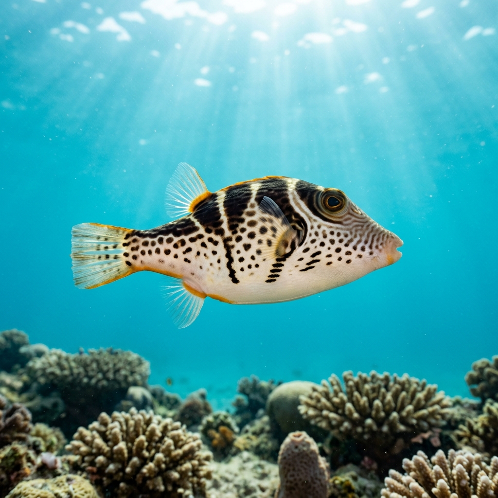 Valentini Pufferfish with dark brown saddle patches, white belly, and small black spots swimming close to a coral reef.