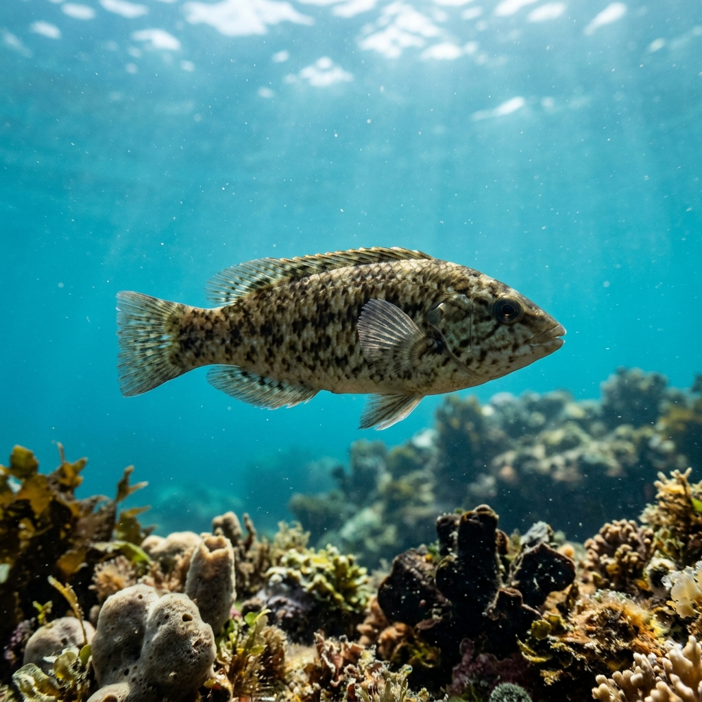 Underwater photograph of a juvenile Blue Throated Wrasse
