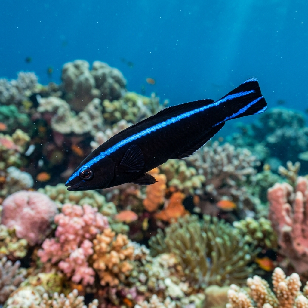 Underwater photograph of a juvenile Bluestreak Cleaner Wrasse
