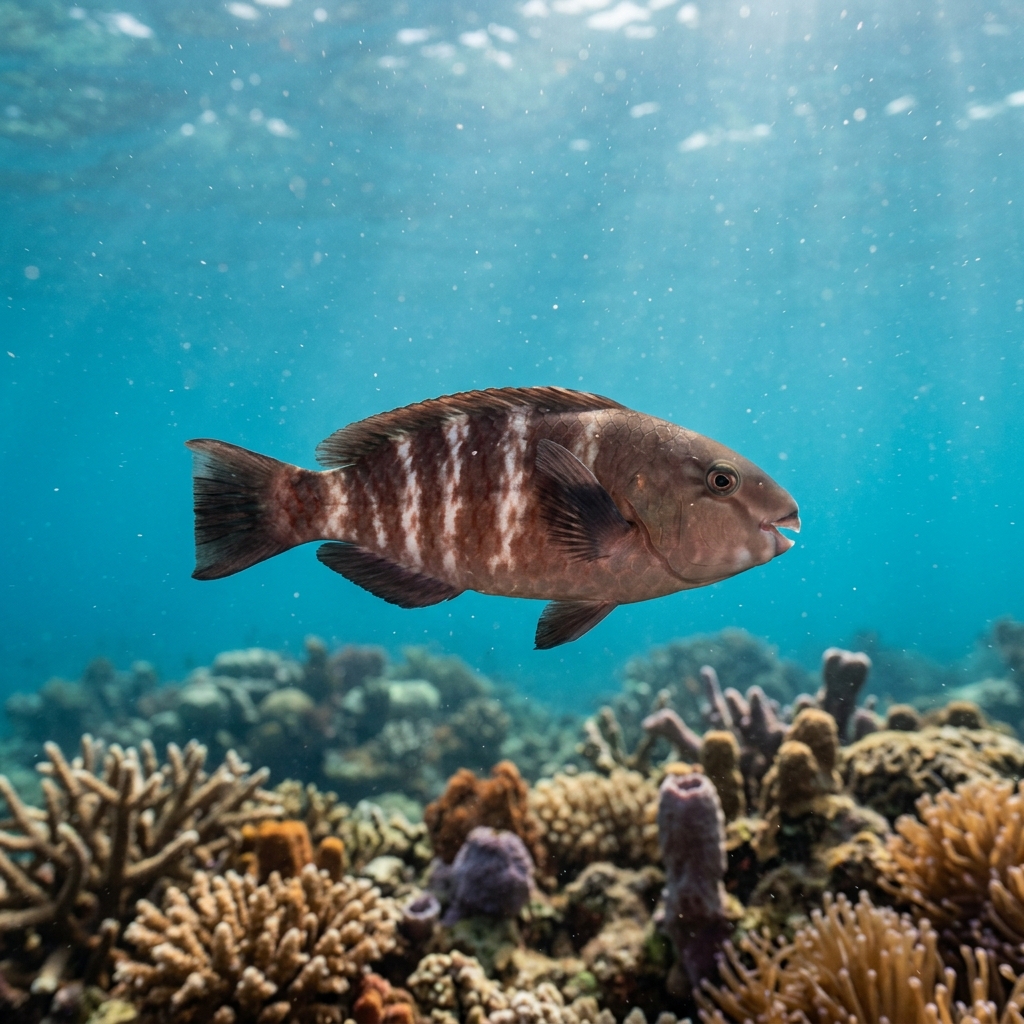 Underwater photograph of a juvenile Pacific Bullethead Parrotfish