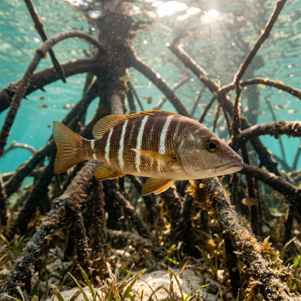 Underwater photograph of a juvenile Schoolmaster Snapper