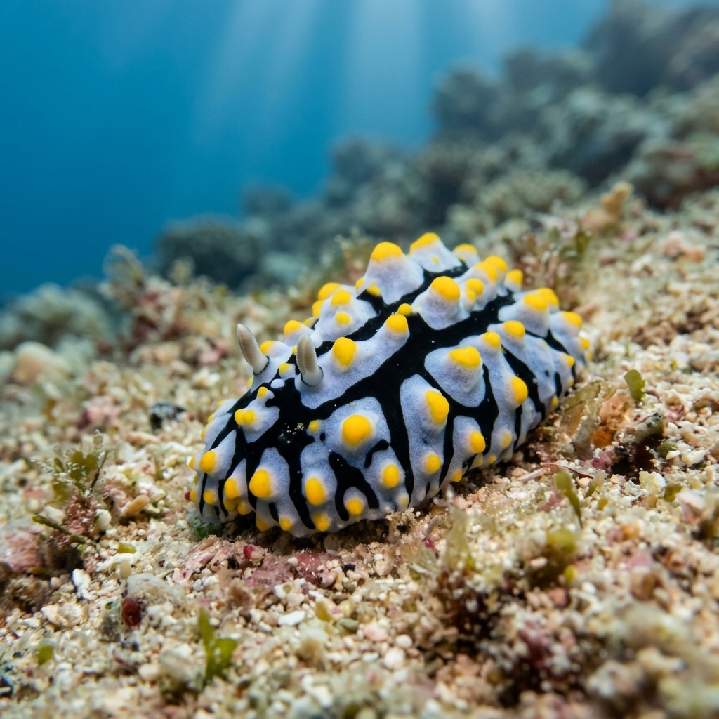 Varicose Wart Slug nudibranch with black body, yellow ridges and white tubercles crawling across a tropical reef.
