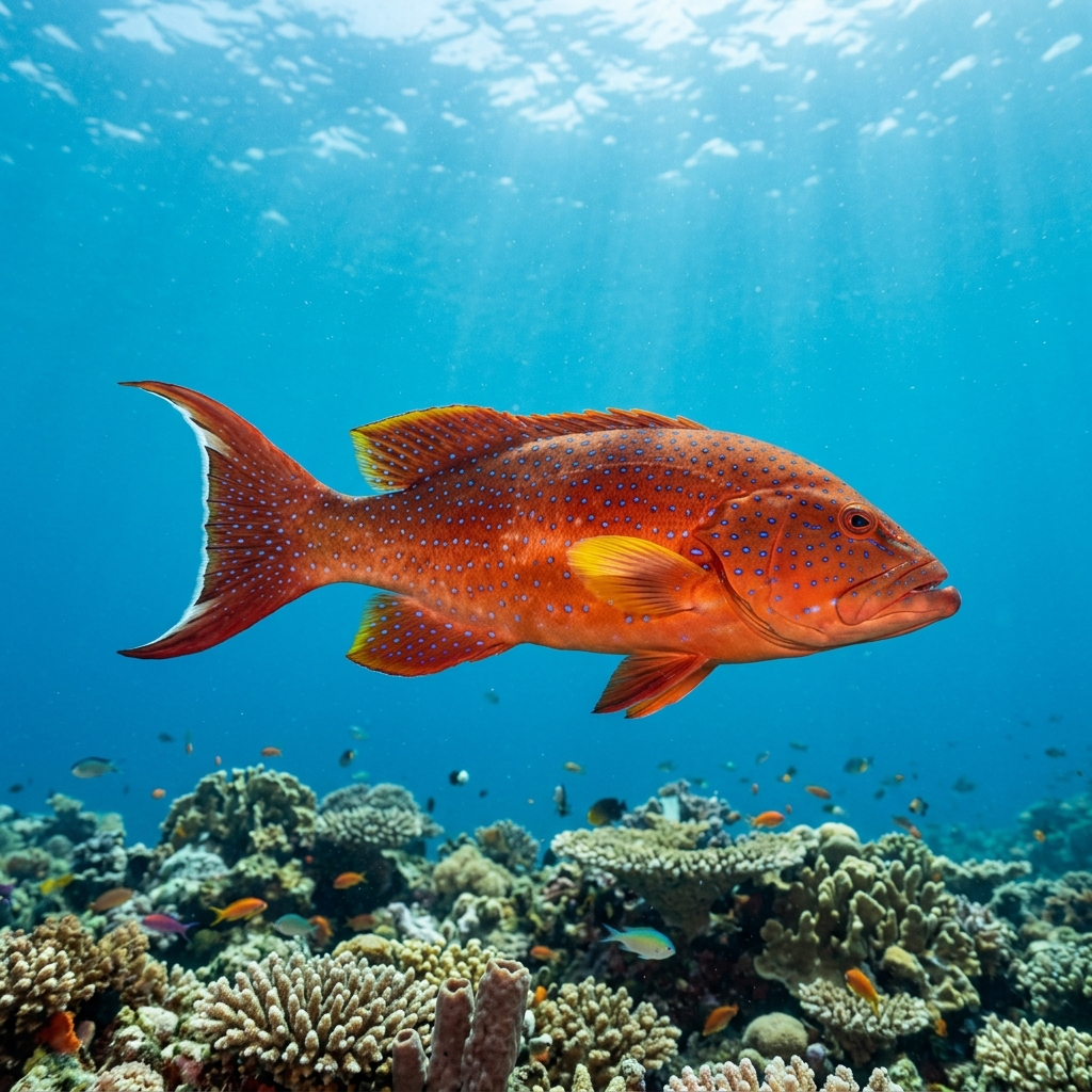 Lunartail grouper with reddish-orange body covered in small blue-white spots and a distinctive crescent-shaped tail fin, hovering near a coral reef.
