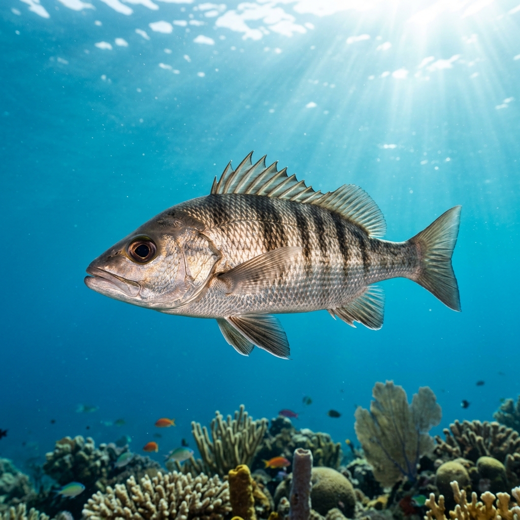 Walleye (Embiotocidae spp.) swimming in its natural underwater habitat